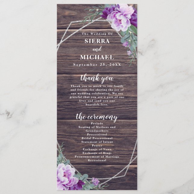 Programa Boda floral Rustic Barnwood Purple & Silver (Anverso)