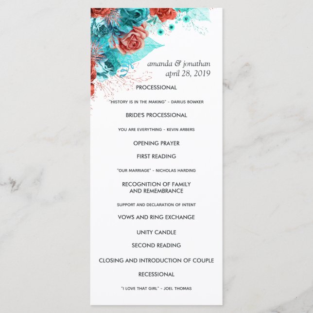 Programa Boda floral rústica de turquesa y coral (Anverso)