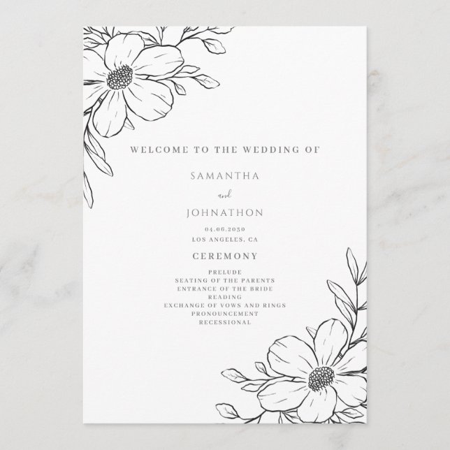 Programa Boda floral simple en blanco y negro (Anverso)