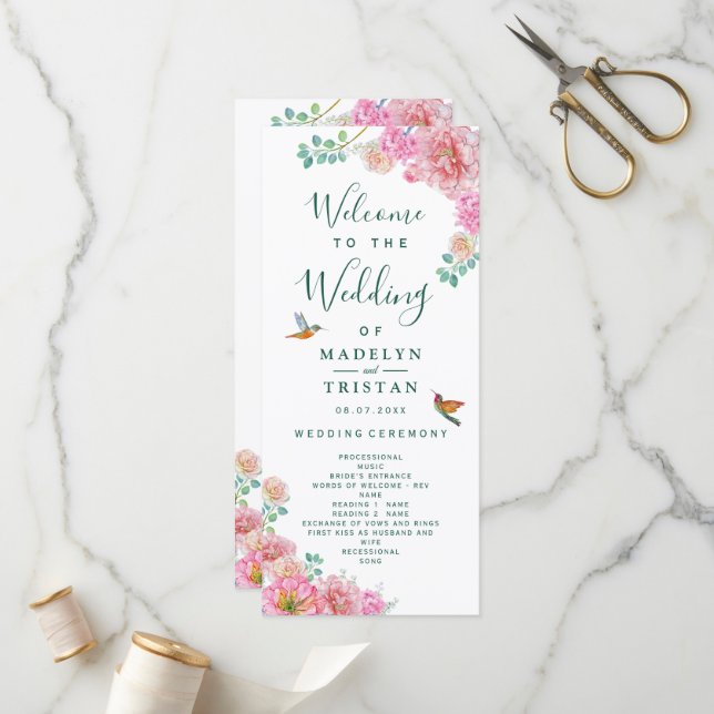 Programa Boda Floral Verde y Rosa Delicada Acuarela (Anverso/Reverso In Situ)