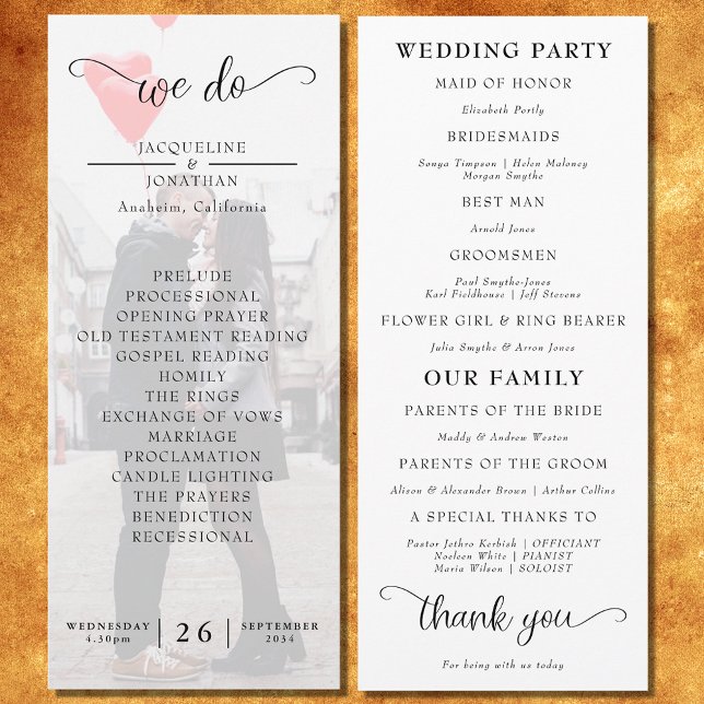Programa Boda fotográfico moderno y elegante (Day of wedding program with opaque phot on the front.)
