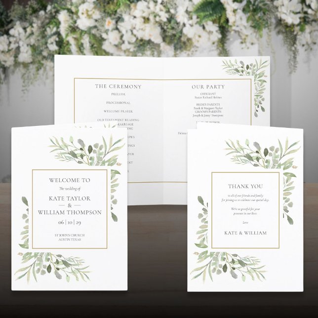 Programa Boda geométrico de oro de follaje verde (Greenery Foliage Gold Geometric Wedding Program)