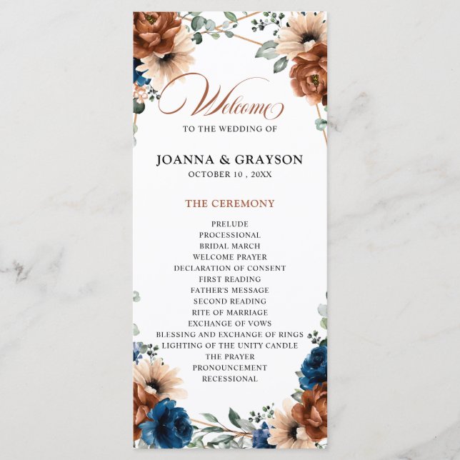 Programa Boda geométrico de Terracotta Navy Blue Greenery (Anverso)