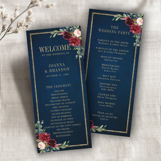 Programa Boda Geométrico Navy Blue Rubor Burgundy Gold (Navy Blue Blush Burgundy Gold Geometric Wedding Program)
