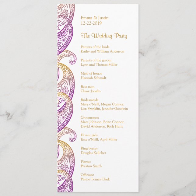 Programa Boda indio Paisley Purple y Gold (Anverso)