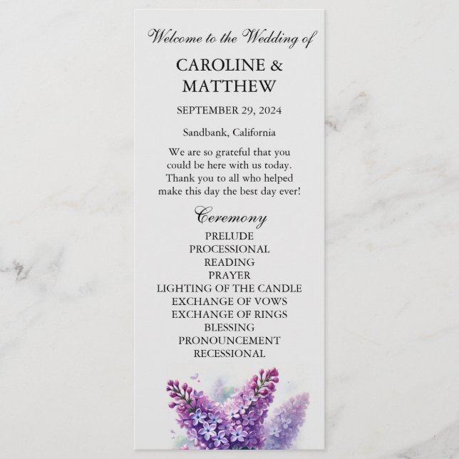 Programa Boda Lilac Purple Floral Elegante Moderno (Anverso)
