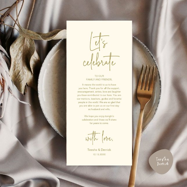 Programa Boda Lugar Configuración de la cena Fiesta Gracias (Modern Wedding Dinner Place Setting Dinner Party Thank You Card, Let's Celebrate,Cute Yellow Gold)