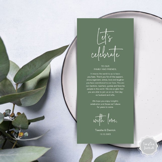Programa Boda Lugar Configuración de la cena Fiesta Gracias (Modern Wedding Dinner Place Setting Dinner Party Thank You Card, Let's Celebrate, Forest Sage Green)