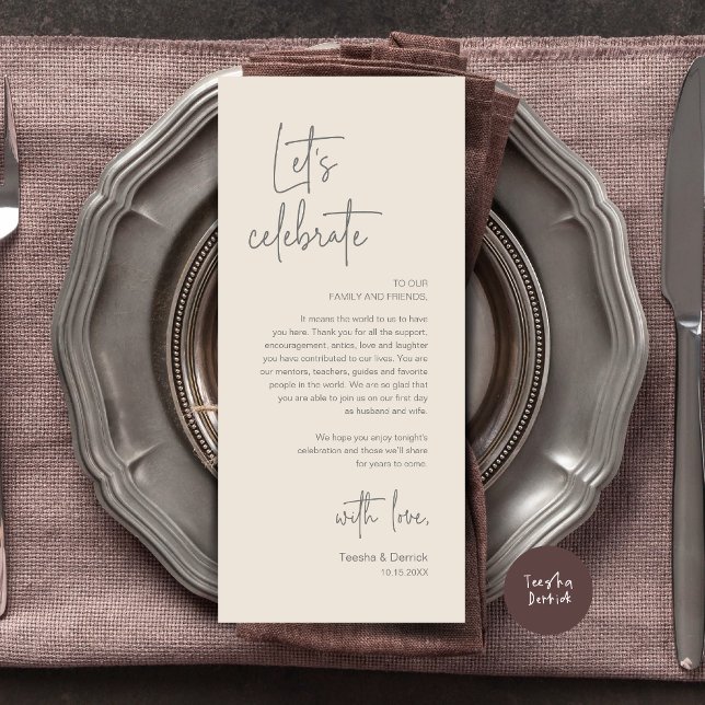 Programa Boda Lugar Configuración de la cena Fiesta Gracias (Modern Wedding Dinner Place Setting Dinner Party Thank You Card, Let's Celebrate, Cream Grey)