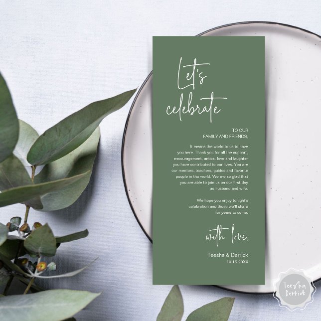 Programa Boda Lugar Configuración de la cena Fiesta Gracias (Modern Wedding Dinner Place Setting Dinner Party Thank You Card, Let's Celebrate, Forest Sage Green)