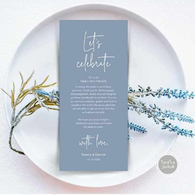 Programa Boda Lugar Configuración de la cena Fiesta Gracias (Modern Wedding Dinner Place Setting Dinner Party Thank You Card, Let's Celebrate, Dusty Blue)
