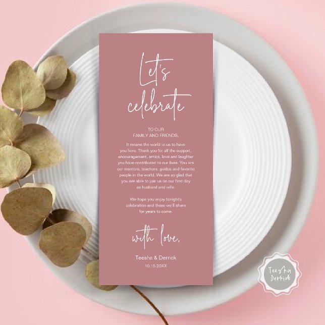 Programa Boda Lugar Configuración de la cena Fiesta Gracias (Modern Wedding Dinner Place Setting Dinner Party Thank You Card, Let's Celebrate, Dusty Rose Pink)