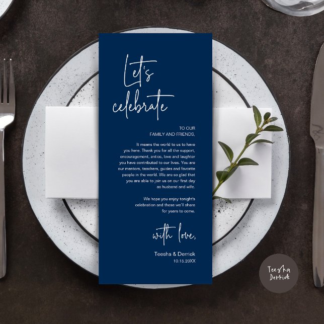Programa Boda Lugar Configuración de la cena Fiesta Gracias (Modern Wedding Dinner Place Setting Dinner Party Thank You Card, Let's Celebrate, Classy Navy Blue)