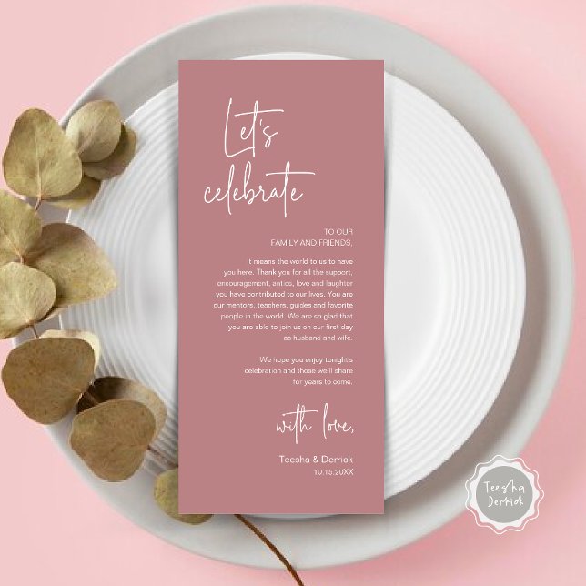 Programa Boda Lugar Configuración de la cena Fiesta Gracias (Modern Wedding Dinner Place Setting Dinner Party Thank You Card, Let's Celebrate, Dusty Rose Pink)