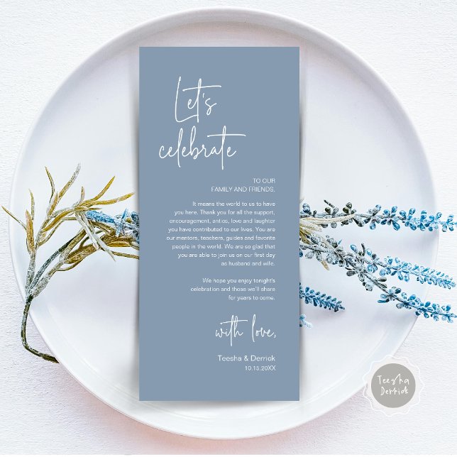 Programa Boda Lugar Configuración de la cena Fiesta Gracias (Modern Wedding Dinner Place Setting Dinner Party Thank You Card, Let's Celebrate, Dusty Blue)