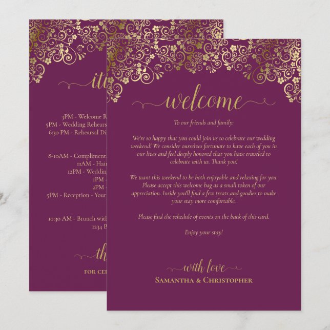 Programa Boda Magenta Plum & Gold Bienvenida e Itinerario (Anverso / Reverso)