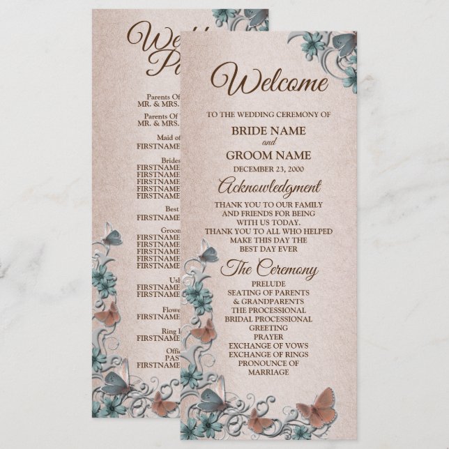 Programa Boda Mariposa de Cobre Floral Plateado Verde Claro (Anverso / Reverso)