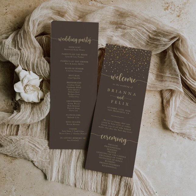 Programa Boda marrón de la caligrafía del confetti dorado (Subido por el creador)