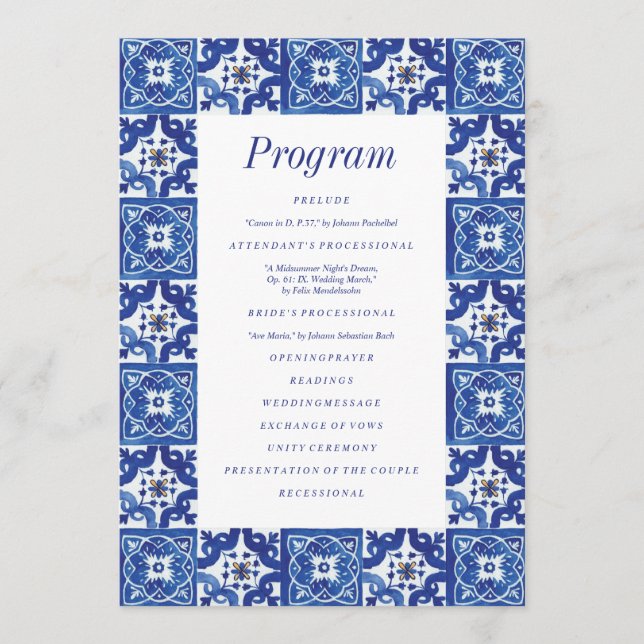 Programa Boda mediterráneo blanco y azul moderno (Anverso)