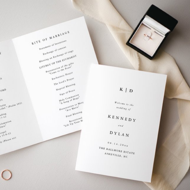 Programa Boda Minimalista Simple en Blanco y Negro (Minimal black and white 5x7' folded wedding monogram program.)
