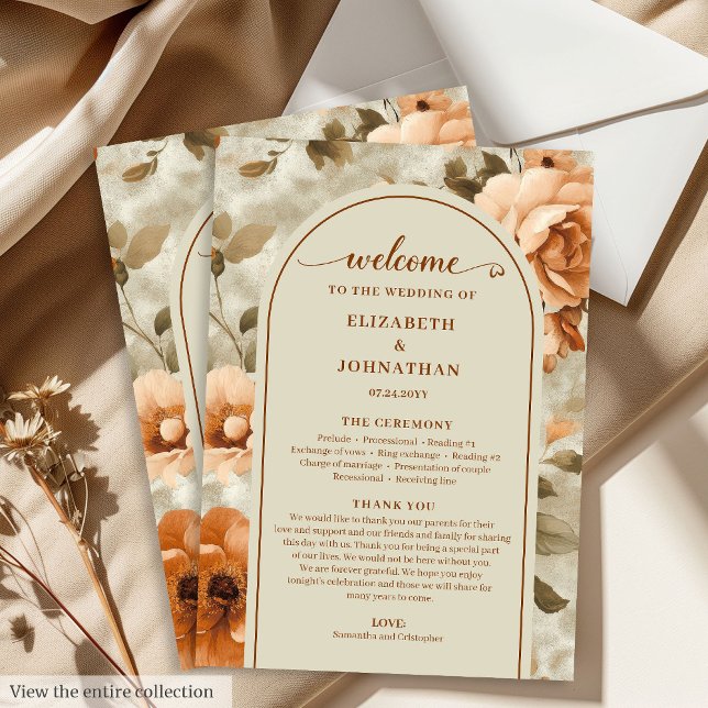 Programa Boda moderna boho naranja quemada beige sage (Modern Boho Burnt Orange Beige Sage Wedding Program)