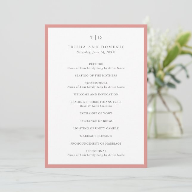 Programa Boda moderna con monograma rosa coral elegante (Anverso de pie)