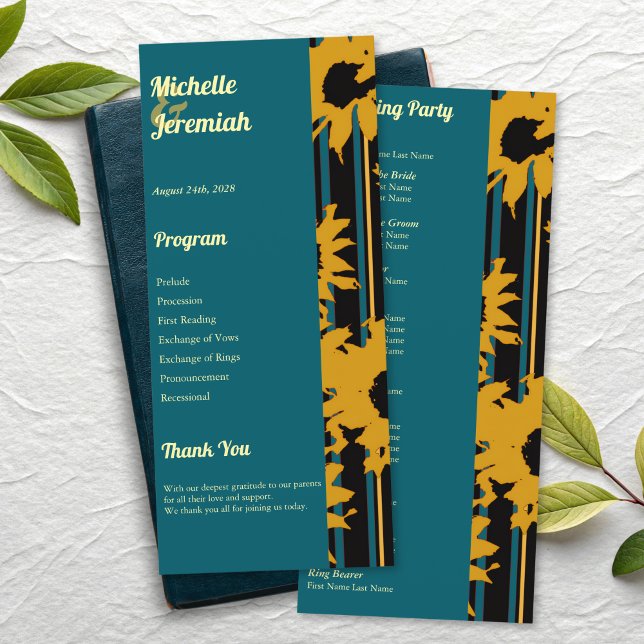 Programa Boda moderna de girasol azul teal y dorado (Subido por el creador)