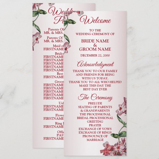 Programa Boda Moderna Floral Rosa Rojo Hojas Verdes (Anverso / Reverso)