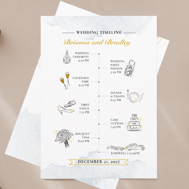 Programa Boda moderno Itinerario y acuarela de bienvenida (Wedding Program Timeline with Icons Card)