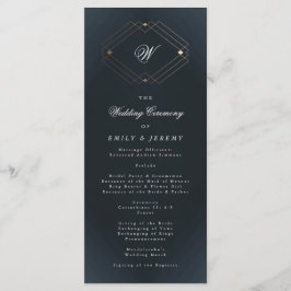 Programa Boda Monograma de caligrafía azul de la marina clá