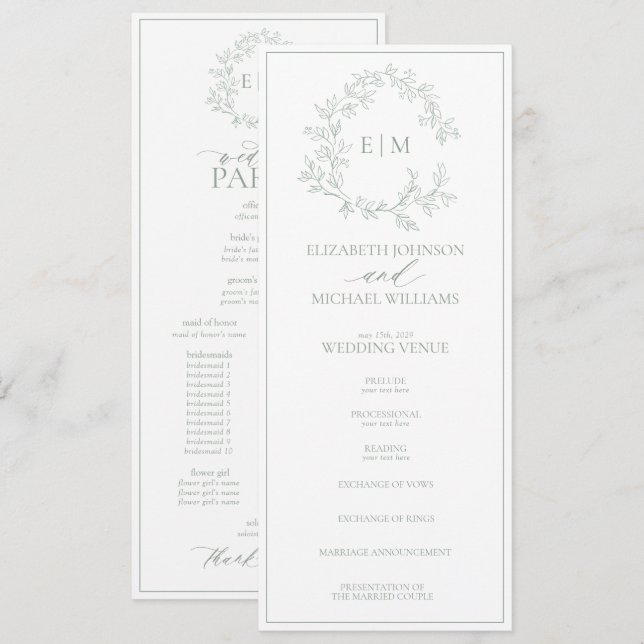 Programa Boda Monograma del Escudo de Leafy Verde Masaje Mo (Anverso / Reverso)