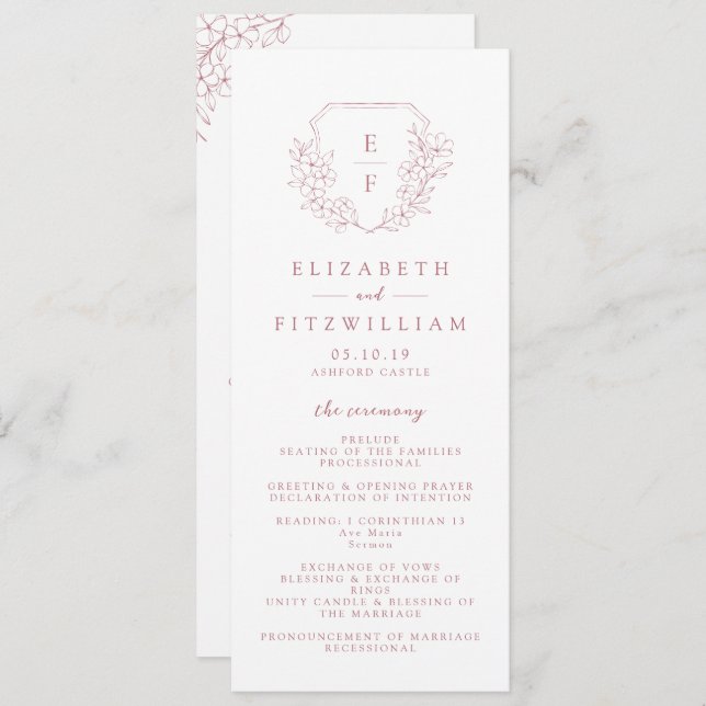 Programa Boda monograma simple de cerezo rosa (Anverso / Reverso)