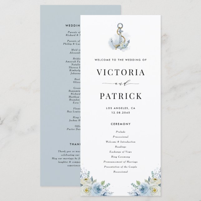 Programa Boda Náutica Ancla Floral Acuarela Azul (Anverso / Reverso)