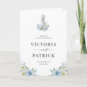 Programa Boda Náutica Ancla Floral Azul Acuarela