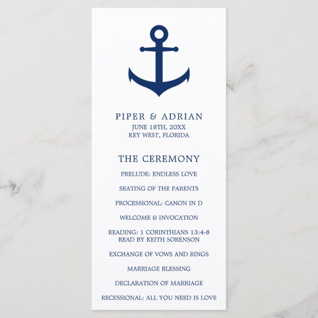Programa Boda Nautical Anchor Navy Blue Elegant Wedding (Anverso)