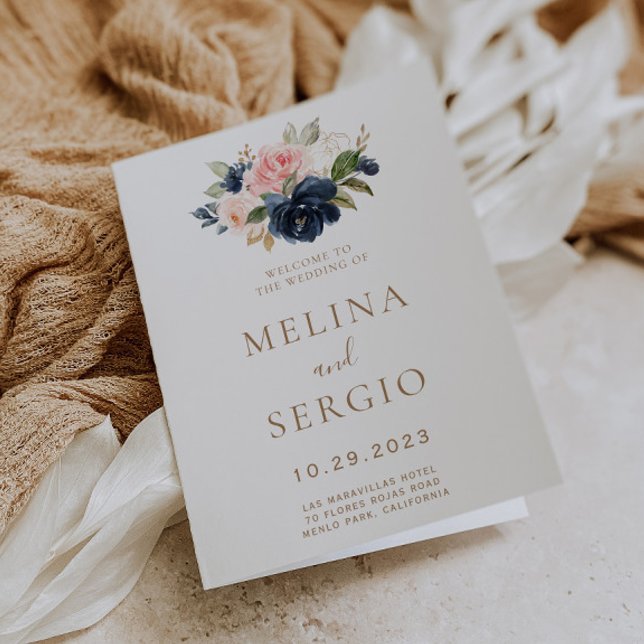 Programa Boda plegado de las flores rosadas azules de oro (Subido por el creador)
