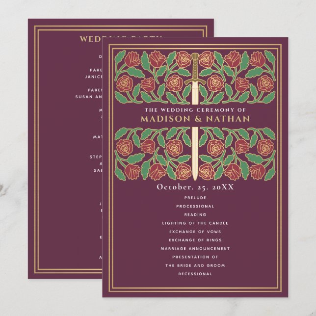 Programa Boda Real Espada Floral Dorada Medieval Malva (Anverso / Reverso)
