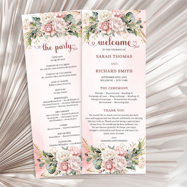 Programa Boda romántica con flores rosadas y vegetación dor (Romantic Blush Pink Floral Greenery Wedding Program)