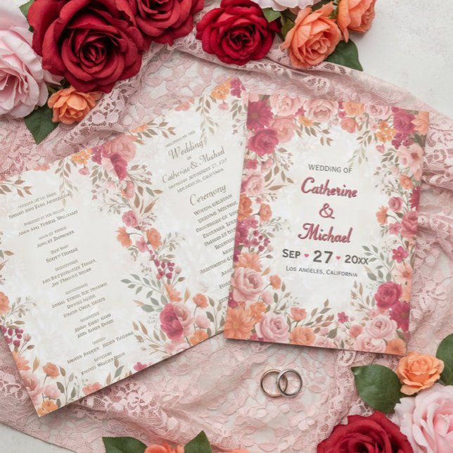 Programa Boda romántica de primavera rosa y roja (Top view of pink red orange watercolor floral spring wedding program)