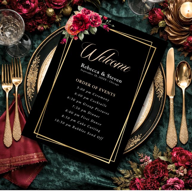 Programa Boda romántica elegante floral roja negra y melanc (Subido por el creador)