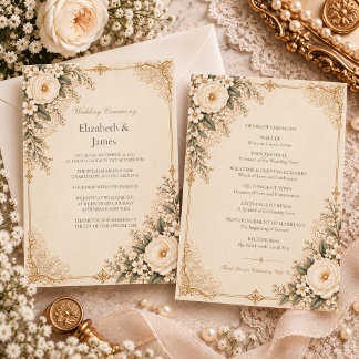 Programa Boda Romántica Floral de Encaje Marfil Antiguo