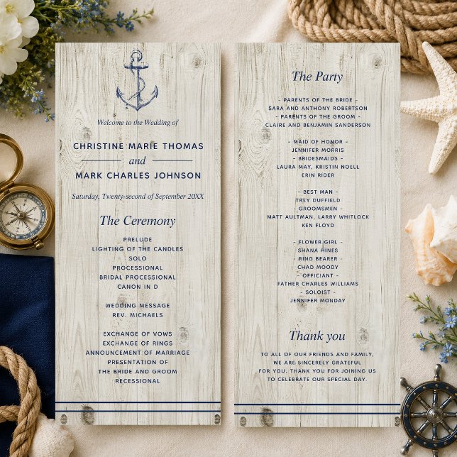 Programa Boda Rústica de Madera Ancla Marina (A nautical-themed program perfect for beach weddings and weddings by the sea! )