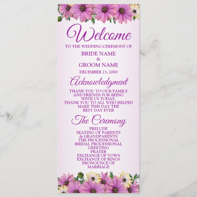 Programa Boda rústica elegante floral rosa amarillo (Anverso)