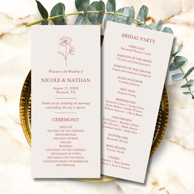 Programa Boda Rústico De La Flor De Boho Terracotta Brown (Rustic Boho Flower Terracotta Brown Wedding Program)