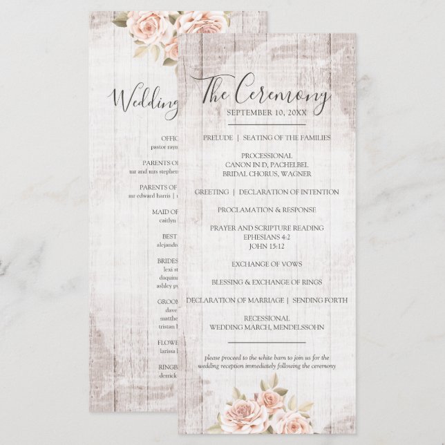 Programa Boda Shabby de Rustic Wood & Romantic Rosas (Anverso / Reverso)