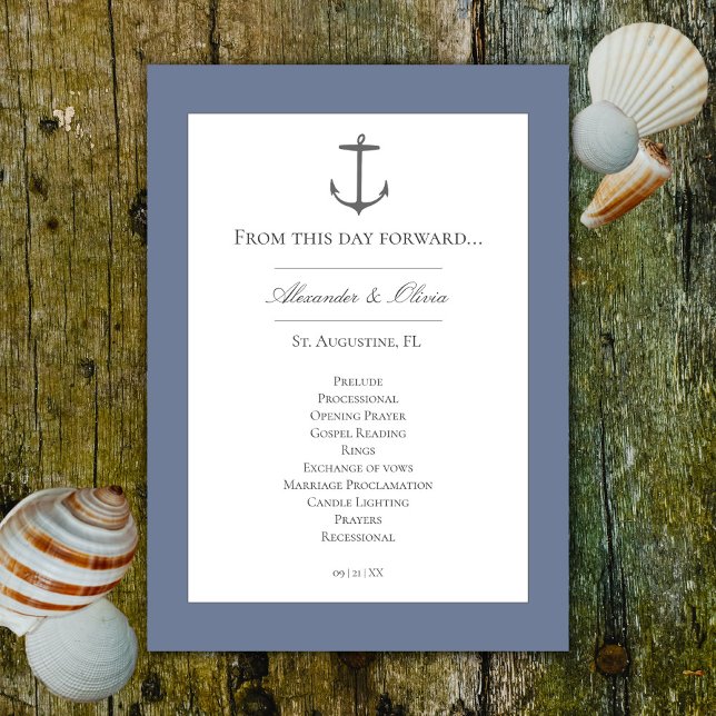 Programa Boda simple de ancla náutica | Azul agitado (Dusty Blue Simple Nautical Anchor Wedding Program)