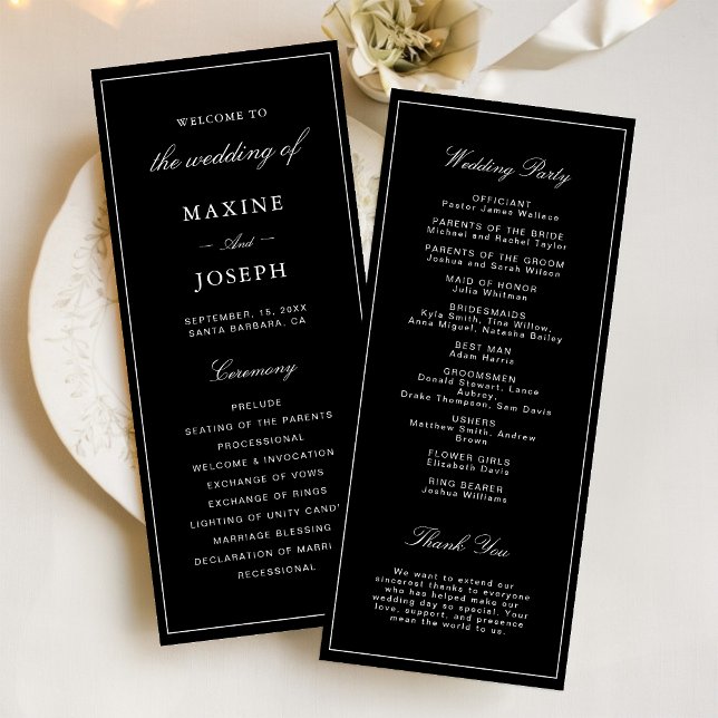 Programa Boda Simple Elegante Formal en Negro y Blanco (Simple black and white wedding program keeps guests informed with elegant style.)
