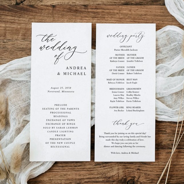Programa Boda Simple Elegante Sofisticada (Elegant vintage script wedding programs with wedding party and thank you on back.)