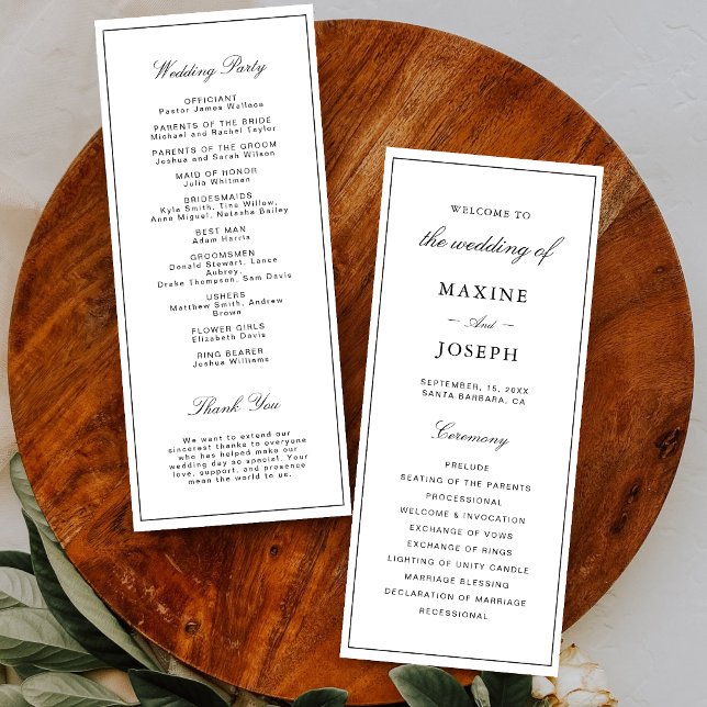 Programa Boda Simple, Elegante y Formal en Blanco y Negro (Elegant white and black wedding program guides guests through your day with style.)