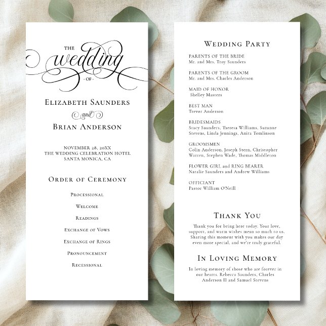 Programa Boda Simple y Elegante en Blanco y Negro (Simple Elegant Minimalistic Black and White Wedding Program with Order of Ceremony, Wedding Party.)